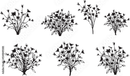 A set of shrubs and trees. Hand drawn vector illustration