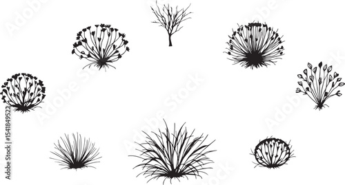 A set of shrubs and trees. Hand drawn vector illustration