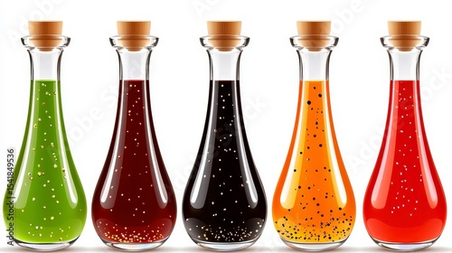 Five Colorful Glass Bottles of Sauce with Wooden Corks on White Background