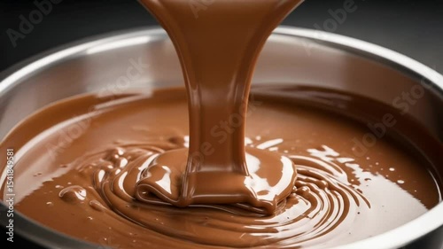 Close Up of Flowing Melted Chocolate in Stainless Steel Bowl Dark Chocolate Sauce Dripping Down Into A Pool of Shiny Melted Chocolate Delicious Dessert
