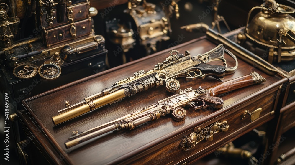 Naklejka premium Intricate steampunk weaponry displayed on a brass and wood table