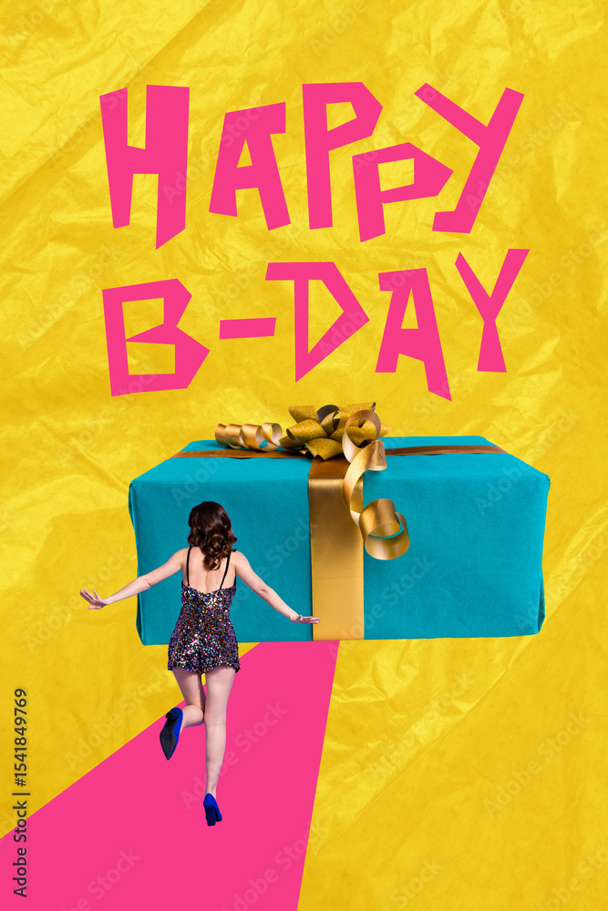 Obraz premium Trend artwork banner sketch 3D photo collage of huge size giftbox young lady run sexy dress receive wish happy birthday weekend banner