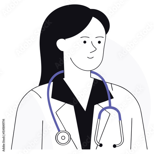 Smiling woman doctor with black hair wears a stethoscope and a white coat