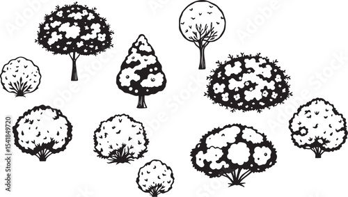 A set of shrubs and trees. Hand drawn vector illustration
