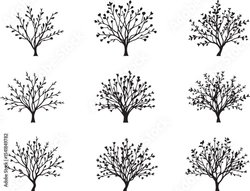 A set of shrubs and trees. Hand drawn vector illustration