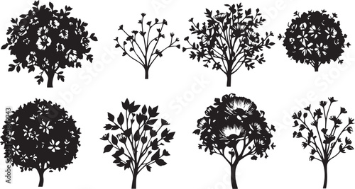 A set of shrubs and trees. Hand drawn vector illustration