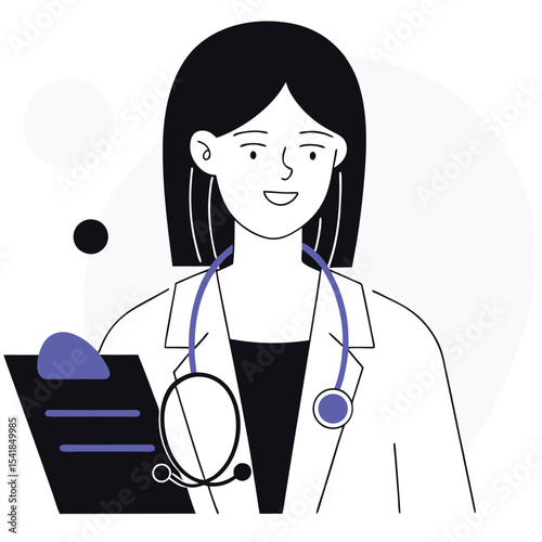 Smiling female doctor holds her clipboard and stethoscope around her neck gracefully