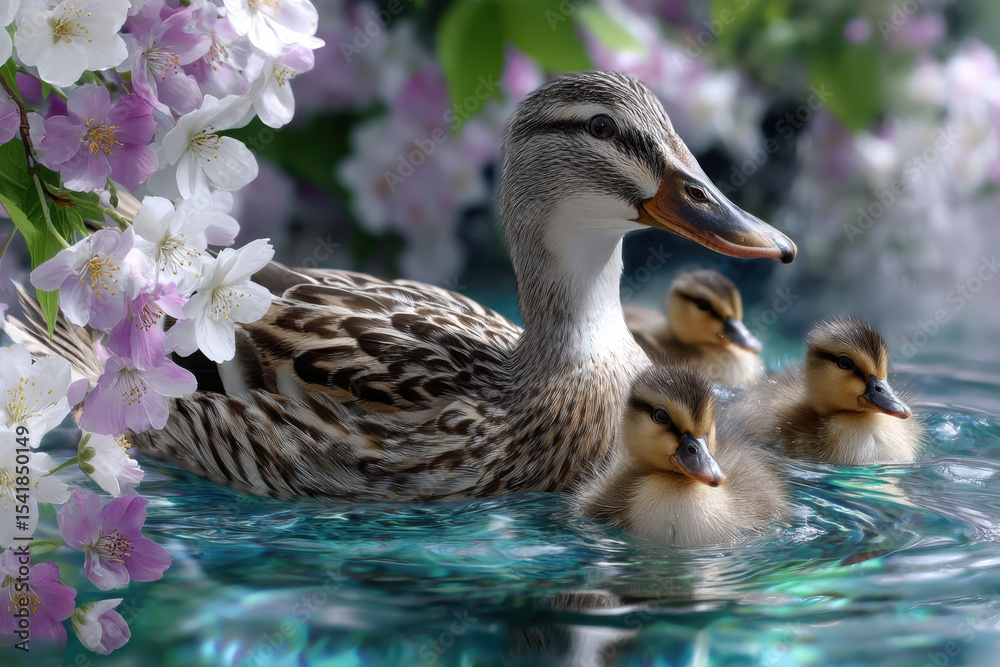 Mother duck and her ducklings swimming in a serene pond surrounded by blooming flowers