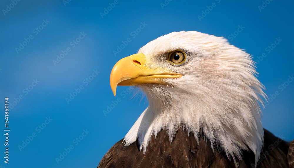 majestic bald eagle portrait displays its striking features against a clear blue sky backdrop majestic bald eagle portrait displays its striking features against a clear blue sky backdrop