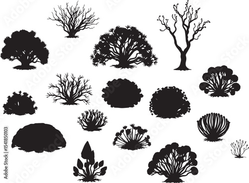 A set of shrubs and trees. Hand drawn vector illustration
