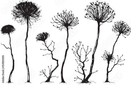 A set of shrubs and trees. Hand drawn vector illustration