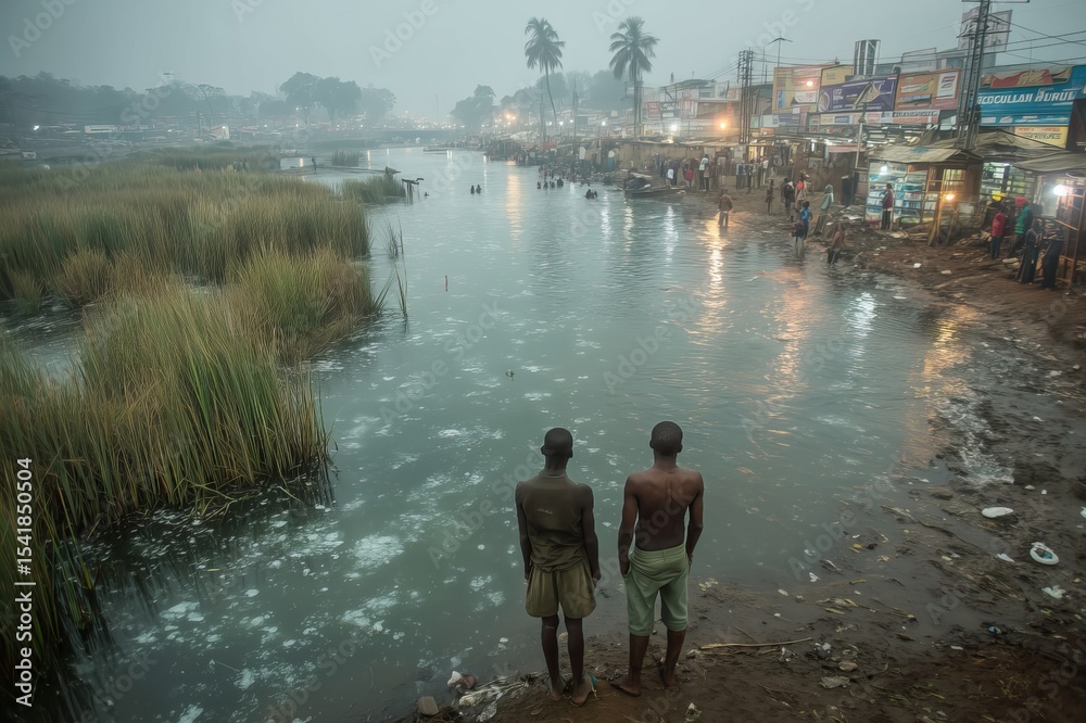 Two Men by Polluted Pond at Dawn in Urban Setting Two Men by Polluted Pond at Dawn in Urban Setting