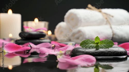 Jacuzzi spa scene with rose petals, candles, towels, and stones for a romantic and relaxing atmosphere. Perfect for spa promotions.