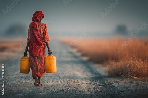 Woman Carrying Water Jugs on a Dirt Road in a Desaturated Rural Landscape