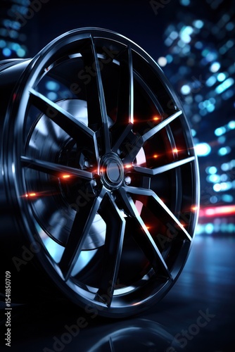 Sleek black alloy wheel against a blurred city backdrop