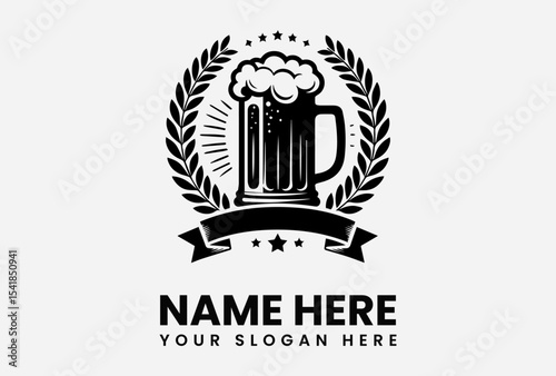 Beer mug logo with foam, surrounded by laurel wreath and ribbon banner.