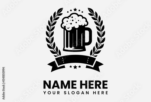 Graphic image of a beer mug with foam, surrounded by laurel leaves and a banner, with text placeholders.