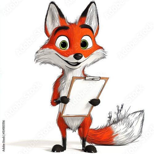 Friendly Orange Cartoon Fox Holding Clipboard Against White Background
