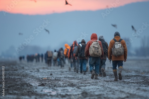 Migrants Walking with Backpacks at Dawn through a Muddy Field in jackets with Birds