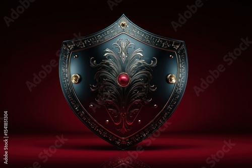 Ornate dark shield on red backdrop