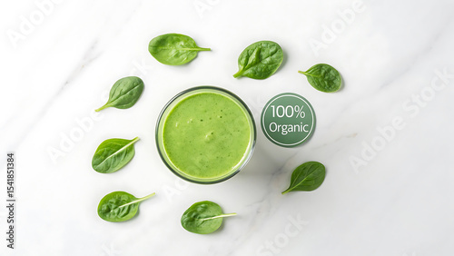Healthy Green Smoothie Composition Flat Lay Top View with Fresh Spinach and 100% Organic Label on White Marble