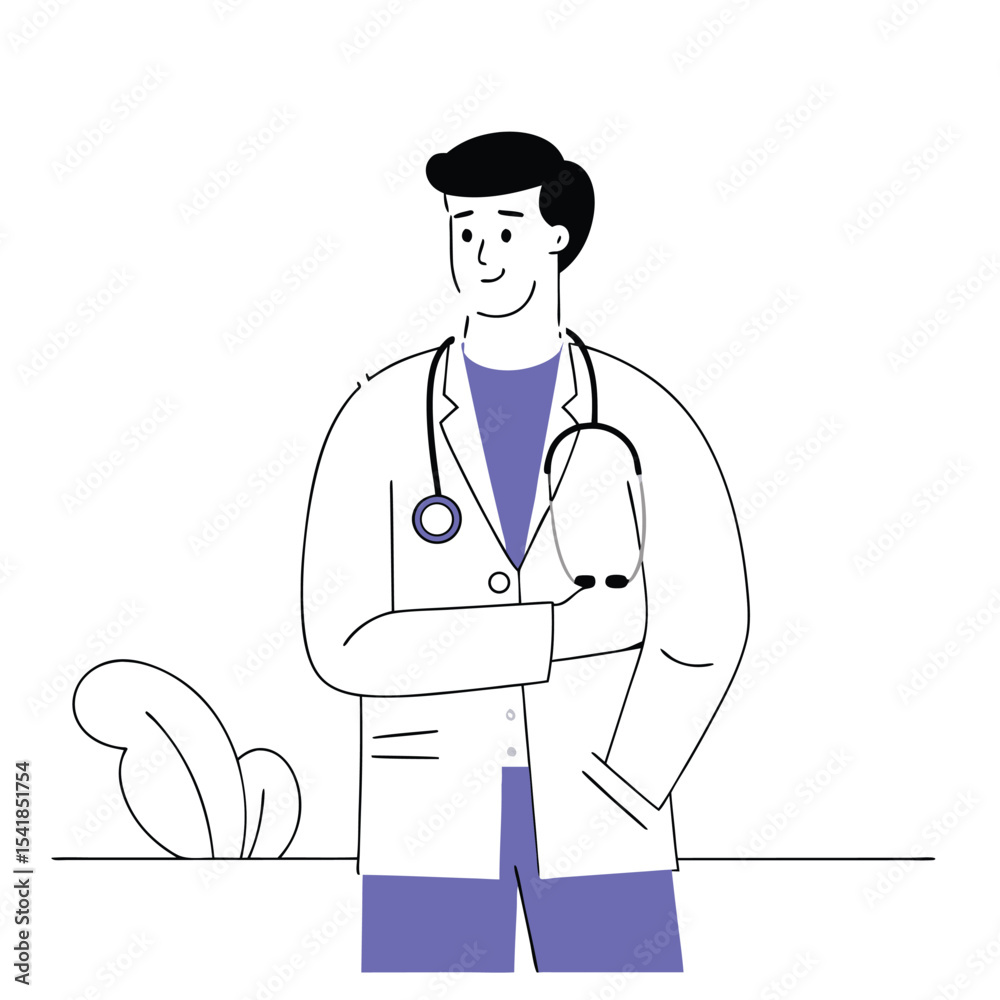 Smiling doctor wearing a white coat and stethoscope stands confidently near a plant Smiling doctor wearing a white coat and stethoscope stands confidently near a plant