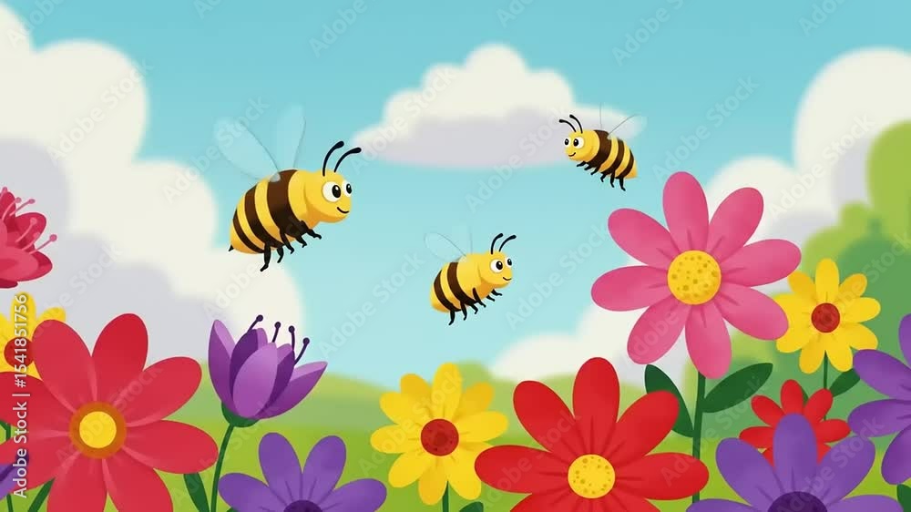 Colorful cartoon bees flying over a vibrant flower garden under a bright blue sky
