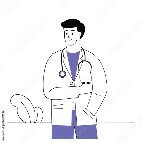 Smiling doctor wearing a white coat and stethoscope stands confidently near a plant