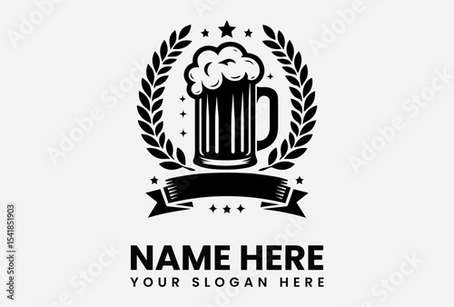 A stylized black and white logo featuring a beer mug and laurel wreath.
