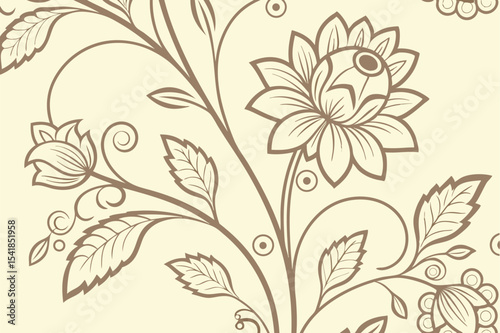 Vintage floral pattern with intricate botanical motif, sepia line art for elegant textiles and backgrounds