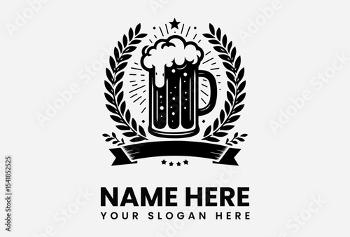A stylized beer mug with foam, surrounded by a laurel wreath, banner, and starbursts, in black and white.