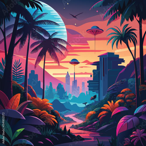 Futuristic tropical landscape with flying saucers and a colorful sunset scene