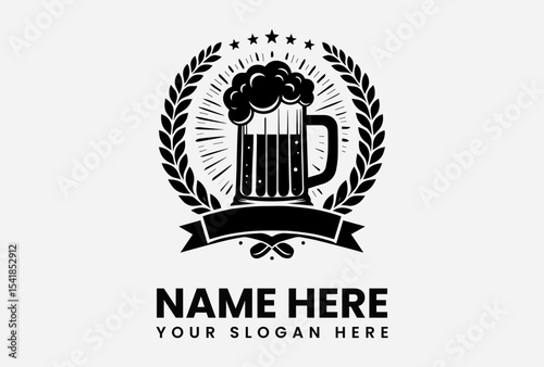 Stylized vector graphic of a beer mug overflowing with foam, surrounded by a laurel wreath and stars, with a banner below.