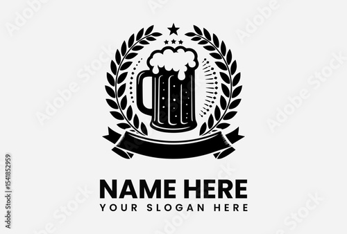 Vintage black and white emblem of a beer mug, surrounded by laurel wreath and ribbon, for a brewery or pub.