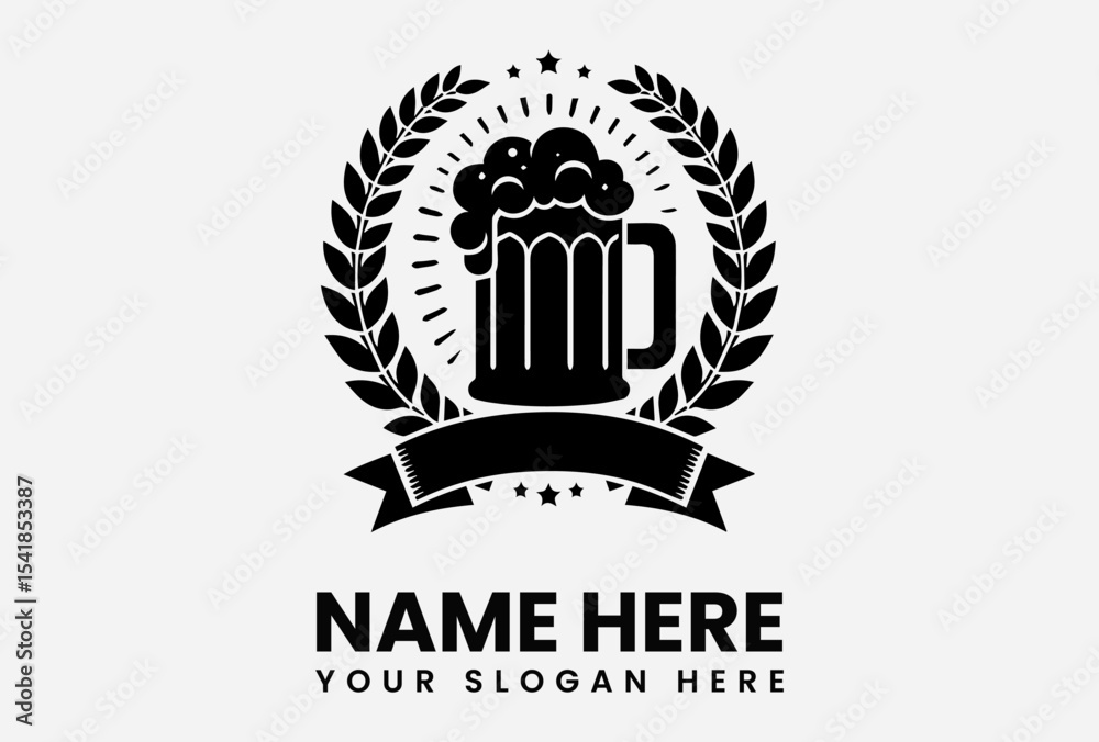 Fototapeta premium Vintage logo design featuring a beer mug, laurel wreath, and ribbon.