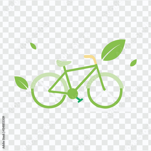 Green bicycle surrounded by leaves, symbolizing eco-friendly transportation and a sustainable lifestyle.