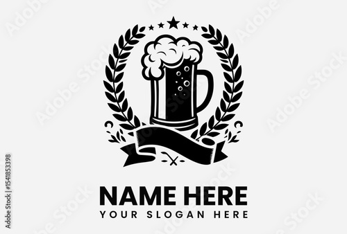 A monochrome beer mug logo design, encircled by a laurel wreath and banner, ready for customization.