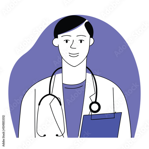 Smiling Asian doctor stands with clipboard and stethoscope ready for patient checkup at hospital