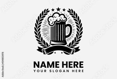 A monochrome beer mug logo, encircled by a laurel wreath and banner, ready for customization.