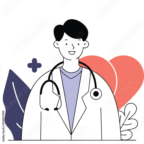 Smiling male doctor with stethoscope and white coat stands near leaves and hearts