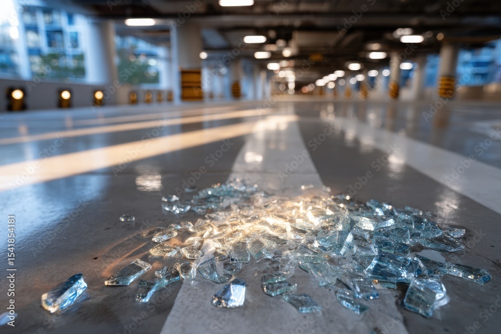 Obraz premium Bright shards of glass litter the floor of an empty parking garage, symbolizing breakage and chaos in an otherwise orderly environment, evoking feelings of disruption.