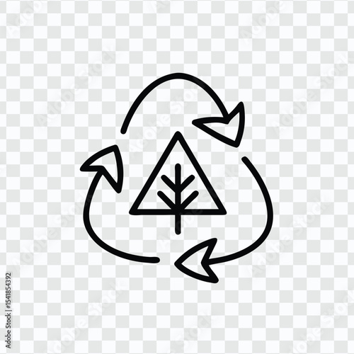 Black recycling symbol with a tree inside, representing environmental sustainability and nature conservation.