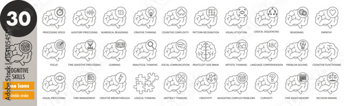 Cognitive skills - editable stroke thin line icons set. Visual processing, logical thinking, creativity, decision-making, curiosity, time management, analytical thinking, reasoning vector illustration