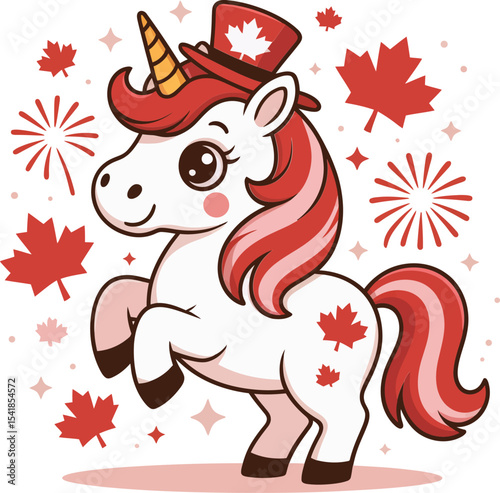 Unicorn with red mane and maple leaf spots smiling while surrounded by fireworks and maple leaves 