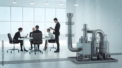 Team meeting in modern industrial setting with machinery, symbolizing collaboration in manufacturing project management.