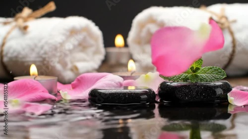 Jacuzzi spa scene with rose petals, candles, towels, and stones for a romantic and relaxing atmosphere. Perfect for spa promotions.