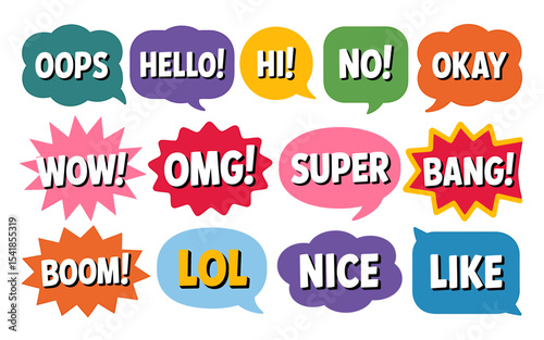A Collection of Colorful Speech Bubbles  Hello, Oops, Wow, and More!