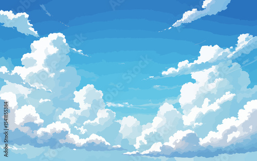 Vibrant Digital Illustration Bright Blue Sky with Fluffy White Clouds