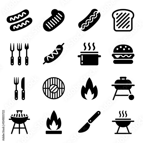 A Set of 15 Black and White BBQ Grill Icons  Perfect for Menus, Websites, and Apps