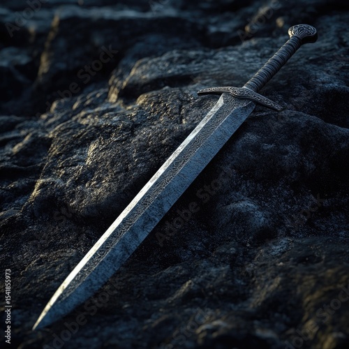A long, steel sword rests on dark, rough rocks
